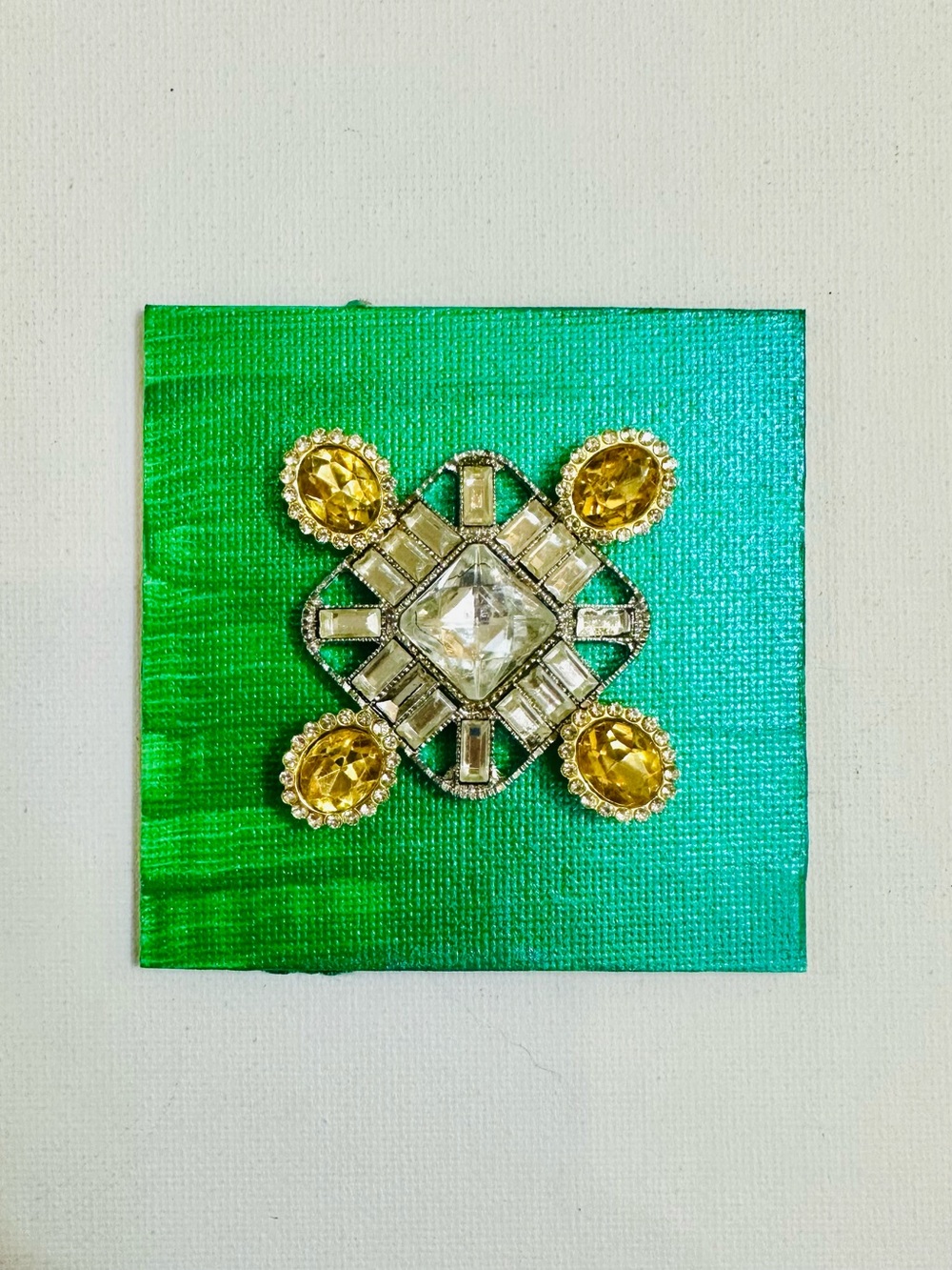 Emerald Art Deco Jewel 3x3” Handmade Mixed Media Magnet